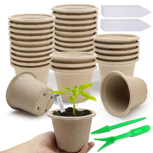 NCTNCX Lot de 30 pots de culture biodégradables en papier recyclé – Kit complet avec 30 étiquettes pour plantes et aide à la culture pratique pour un rempotage en douceur, idéal pour les légumes, les