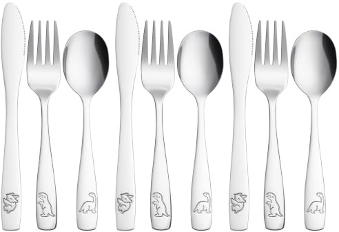 AUAUY 9 st rostfritt stål bestickset, silver dinosaurie design bestickset | Söta bärbara redskap i porslin inkluderar 3 gafflar, 3 middagsbestick, 3 skedar, för daglig middag och underhållning