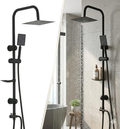 Ezwaasu Columna Ducha Senza Miscelatore, Columna Ducha Completo con Rociador Ducha 20×20 cm Cuadrado y Ducha de Mano y Manguera, Regulable 92cm, Acero Inox, Negro