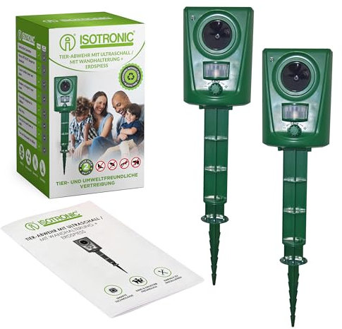 ISOTRONIC Repelente de Animales ultrasónico |Ahuyentaodr con ultrasonidos para Perros, Gatos, martas, mapaches y Aves | Repelente acústico de Animales para jardín, balcón, huerto, Granero | Set de 2