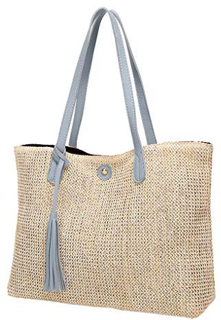 wootbees Sac de Bandoulière en Paille, Femmes Straw Sac à Main Sac D'épaule pour Voyage de Plage Fait Main Tissé Sac de Paille Panier tissé Sac tissé à la Main Sac de Plage d'été pour Femmes/Filles