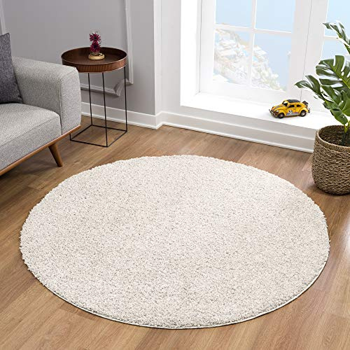 Impression Teppich Rund - Perfect Teppiche fürs Wohnzimmer, Flur, Schlafzimmer, Kinderzimmer, Babyzimmer - Hochwertiger Öko-Tex Zertifizierter Flächenteppich - Solid Color Creme - 150 cm Rund