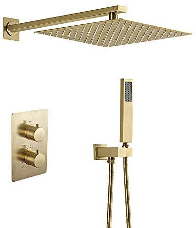 SHUGUANG Duschsystem mit Duschkopf, Thermostat Gebürstetes Gold Duschset Messing Duschsäule Wandmontage Regendusche Set Unterputz Duschset Duscharmatur, Duschset Regendusche mit Handbrause,12 Inch