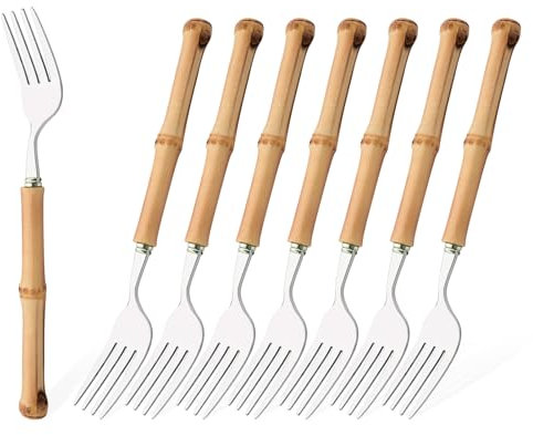 Uniturcky Middagsgaffelset, 8-delar naturliga bambugafflar, 18/8 rostfritt stål med bambuhandtag, silver spegelfinish, unik design, 20 cm