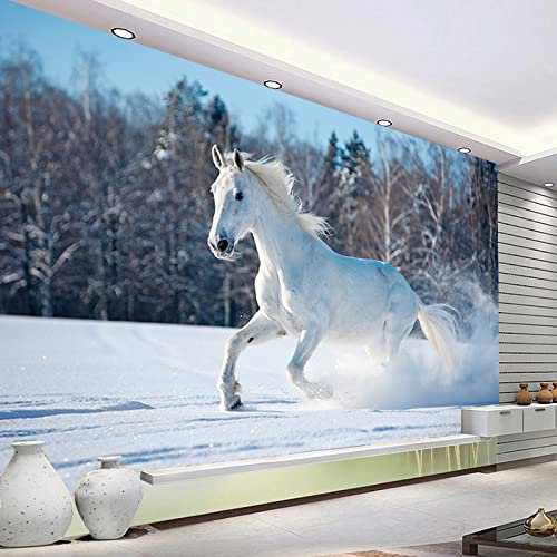 Yimesoy Carta Da Parati Fotografica Personalizzata Cavallo Bianco Che Corre Sulla Neve Fotomurali Soggiorno Tv Camera Da Letto Arte Panno Da Parete Impermeabile 300Cm(W)×210Cm(H)