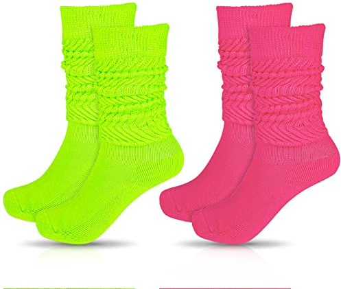Yolev 2 Pairs Knit Slouch Socks for Women Extra Long Scrunch Knee High Boot Socks Leg Warmers for 80s Party Streetwear (Rose Red and Fluorescent Green)