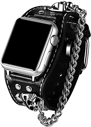 VIQIV Svart läder skalle manschett armband kompatibel med Apple Watch Band Ultra 49 mm 44 mm 45 mm 42 mm 41 mm 40 mm 38 mm serie 8 7 6 5 4 3 2 SE för män kvinnor, personlig punk rock kedja steampunk