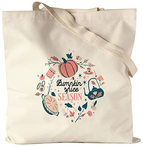 Hey!Print Pumpkin Spice Season Jutebeutel Stoffbeutel Laubblätter Kürbis Tee Kürbiskuchen Zimt Pumpkin Spice Pie Teekanne Herbstzeit Gewürz