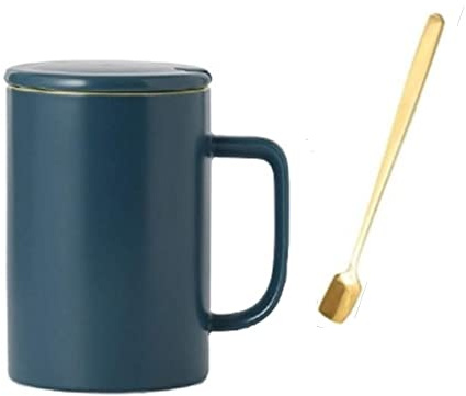 FülleMore 450ml Kaffeetasse mit Deckel und Löffel Kakaobecher Teetasse Milchbecher Porzellanbecher als Geschenk für Mutter Oma Freundin Liebespaar Kollegin Männer (Blau+Gelb)