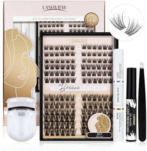LASHVIEW 144-teiliges Wimpern-Cluster Set mit Wimpernbindung, Dichtung, Mascara-Pinsel, Entferner, Applikator und Reise-Zange (D17 Style-C)