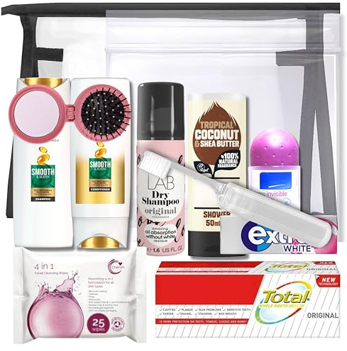 Fabylz Mart Toilettenartikel, Mini-Set für Damen, Reisegröße, transparente Reisetasche, Flughafensicherheit zugelassen, beige