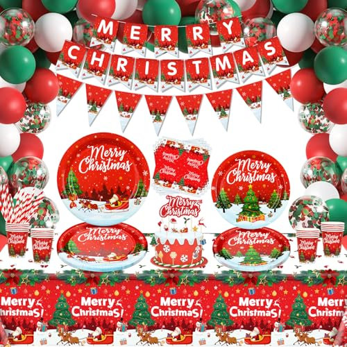 150 Pack Weihnachten Party Supplies Weihnachten Geschirr Set - Pappteller, Banner, Servietten, Tassen Tischdecke, Luftballons für Xmas Themed Party Dekorationen Serve 20 (Xmas-1)