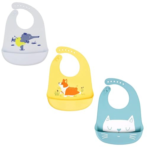 Voarge Confezione da 3 bavaglini in silicone impermeabili per l'alimentazione con vaschetta di raccolta, semplici unisex per svezzamento, senza BPA, facili da pulire, lavabili in lavastoviglie, b,