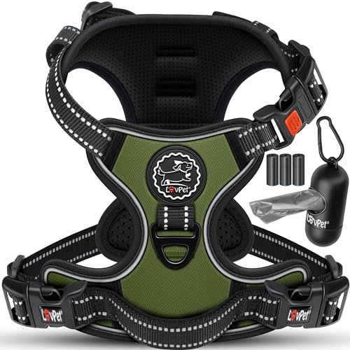LOVPET® Hundegeschirr ohne Zug & Würgen für kleine Hunde & Welpen atmungsaktiv & weich Brustgeschirr reflektierend | No-Pull-Geschirr inkl.Beutelrollen | Verstellbares Geschirr mit Griff Khaki - L