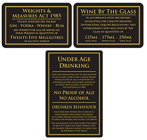 Weights & Measures Act 25ml Sign & Wine by the Glass 125ml 175ml 250ml & Under Age Law Sign Black - Pack of 3 Signs
