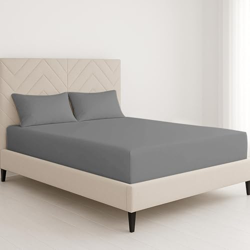 CHCOMFORT King Size Fitted Sheet 150×200 cm with 2 Pillowcases | Extra Deep 40cm Pocket | Soft, Wrinkle-Free, Fade-Resistant, and Breathable Grey Microfiber Bed Sheet(Gray, King)