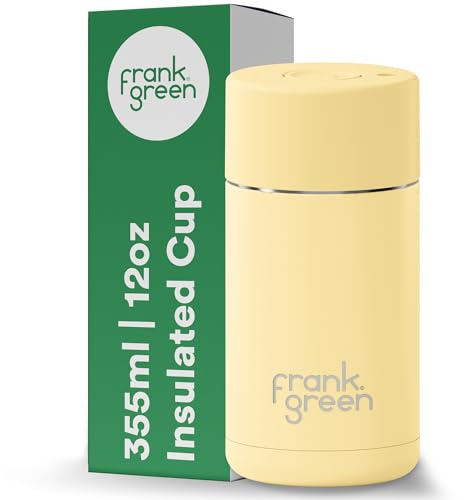 frank green Insulated Travel Mug for Cold Or Hot Drinks - 355ml/12oz Reusable Coffee Cup with Push-Button Lid, Ceramic Lined, Triple Wall Vacuum - Buttermilk Yellow