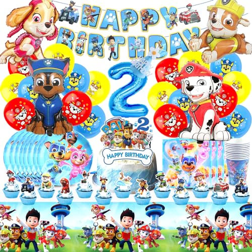 Paw Patrol Kindergeburtstag Deko Set - Folienballon, Tischdecke, Teller, Torten- und Kuchen-Dekoration für 2-jährigen Jungen