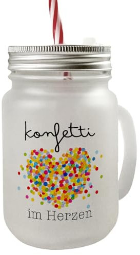 speecheese Konfetti im Herzen Karneval Party Geschenk Mason Jar Henkel Trinkglas mit Deckel Fasching Herz Buntes Kostüm-Essential Für Fasnet