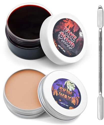 3 Piece Scar Wax SFX Makeup Kit with Fake Blood Gel, Skin Wax, Spatula Tool, Halloween Special Effects Wound Modeling SFX Stage Fancy Dress Up Cosplay Kit