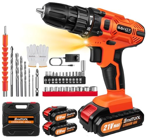 Taladro Atornillador 21V, 45N.m Atornillador Eléctrico, Taladro Combinado Inalámbrico con 25+1 de par de apriete, 2x 1.5 Ah Batería, 29PCS Accesorios, 2 Velocidades, Luz LED,Cargador Rápido (naranja)