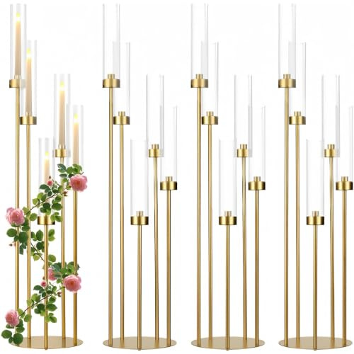 VINCIGANT 4 Sets 5 Arms Candelabra Centrepieces with Acrylic Lampshade | 39.4'' Tall Table / Floor Stand Matt Gold Candle Holders for Wedding, Party, Proposal, Events Decoration, Fit for LED Candles