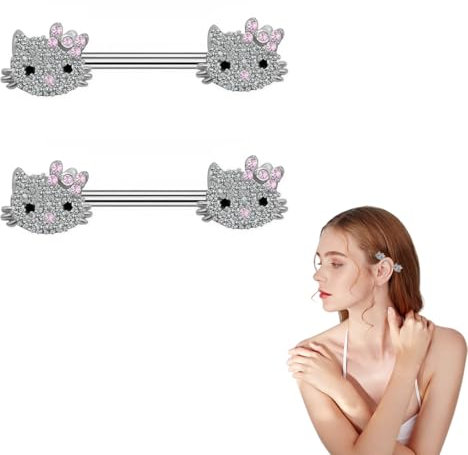 HQRKOTM HQR 2er Nippelpiercing,Kitty,Brustpiercing Frau,Barbell Piercing,Niedliche Kätzchenform,Brustwarzenpiercing 16 mm Chirurgenstahl Brustpiercing Nippel Brustwarze Piercing Ring Schmuck,Rosa