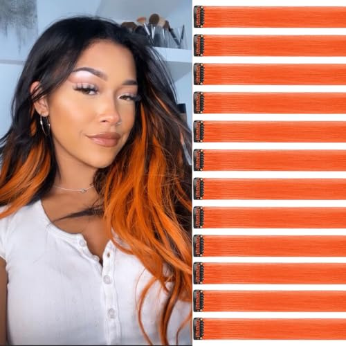 Extension Capelli Colorati Con Clip Arancione rosso 12 pezzi 22 pollici Lungo Dritto Sintetiche Resistenti al Calore per Bambini Ragazze Donne Festival Feste Halloween Cosplay