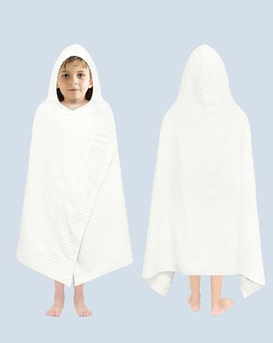 ORIGINAL KIDS Hooded Bath Towel Wrap - 100% Cotton Jacquard Velour Large Oversized Hooded Kids Towel - Toddler Shower Pool Beach - Soft Absorbent Quick Dry Easy Care Gift - 30x50 - Pristine White