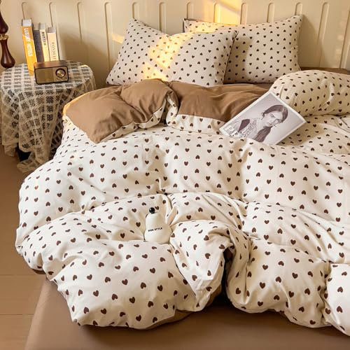 Covebett Bettwäsche Herz 135x200 Braun Beige Herzen Muster Aesthetic Niedlich Wendebettwäsche 2 Teilig Herzchen Herzmuster Microfaser Einzelbett Bettbezug und Kissenbezug 80x80 cm Reißverschluss