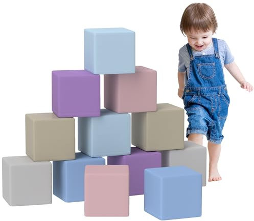 HOMCOM Set 12 Cubi Giocattolo Morbidi per Bambini 12-36 Mesi, Blocchi Schiuma per Bambini, Costruzioni Morbide in PU ed EPE, 20x20x20 cm, Multicolore Chiaro