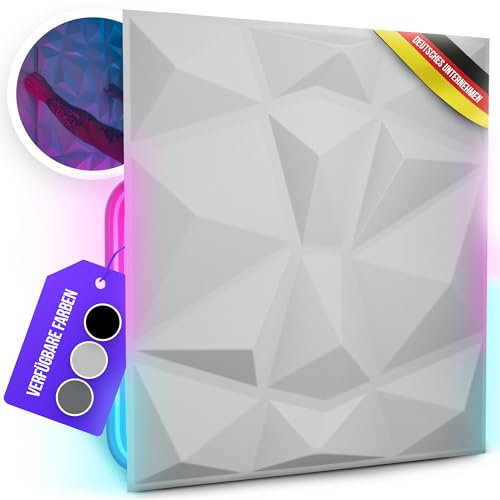 WANEELL - Kunststoff 3D Wandpaneele Diamond Design - 12Stück 30cm x 30cm Wandplatten (3qm) - Hochwertige PVC Paneele ideal für die Gaming Wand (12 Stück WHITE)