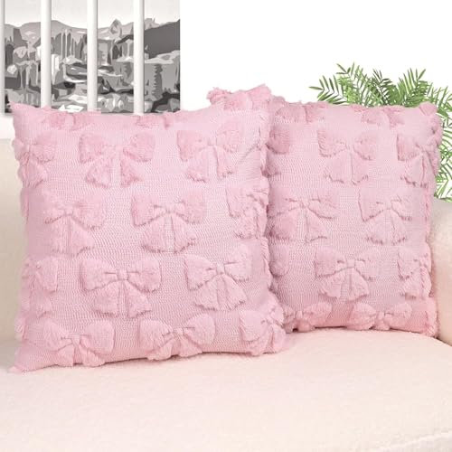 Pillow Cases, Pillowcases, 2 PCS Cushion Covers with Bow Design, Soft Plush Faux Fur Cushion Covers, Plush Aesthetic Cushion Cases for Bed Sofa Home Indoor Outdoor Holiday Decorations (Pink)