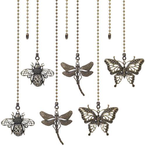 CRASPIRE 6Pcs 3 Styles Intect Ceiling Fan Pull Chain Extenders Vintage Butterfly Bee Dragonfly Charm Antique Bronze Ornament Pendant Adjustable Extension Connector Iron Chains for Lighting Lamp Decor