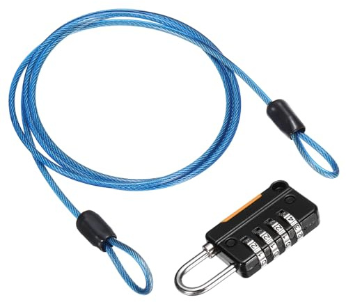 sourcing map Security Steel Cable 4Digit Combination Lock,3.3Ft Blue Rope | Coated Safety Wire Double Loop Padlock Luggage Lock for Outdoor Travel (100cm)