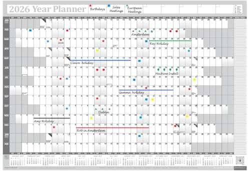 PlannerHead 2026 Wall Planner Grey | Yearly Calendar 2026 for Students, Families, Businesses, Offices | UK & Ireland Bank Holidays | Unmounted & Unlaminated (Grey, Medium 35cm x 49cm - Folded)