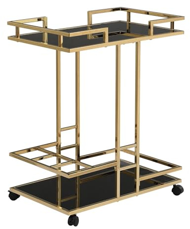 FineBuy Servierwagen Gold Metall mit Glas Ablagen auf Rollen 67,5x83,5x43 cm, Moderner Barwagen mit Flaschenhalter, Teewagen Getränke Trolley für Wohnzimmer Küche Hausbar Rollwagen Multifunktional