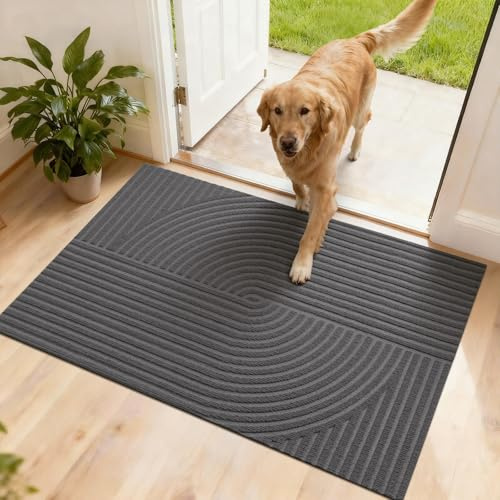 FEOMOS Schmutzfangmatte Innen Außen 60x90cm, Fussmatte haustür-Schwarz | Fußmatte Außen Innen, Rutschfeste, Fußabtreter Niedriges Profil, Türmatte Waschbar Langlebig für Flur, Balkon, Küche