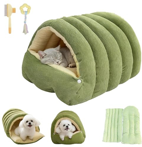 fjaldjfu Abnehmbares und Waschbares, Geschlossenes Winter-Katzenbett, Abnehmbares Und Waschbares Katzenbett, Abgeschlossenes Höhlenhaus für kleine Katzen und Hunde (Green,M)