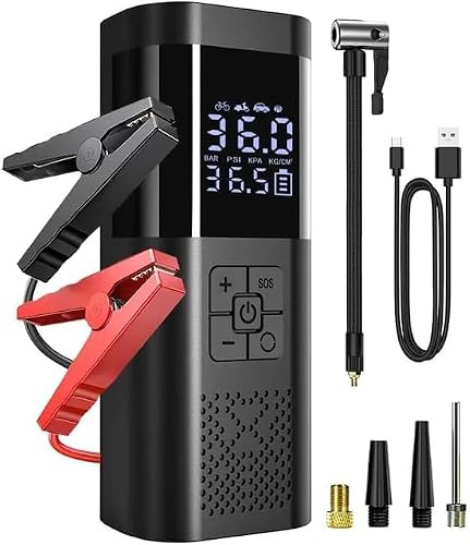 TEMOLA Elektrische Luftpumpe 150PSI, Akku Kompressor & Starthilfe Powerbank, 6000mAh 14.8V Auto Starthilfe für Benzin- & Dieselfahrzeuge, tragbarer Reifenkompressor mit LED