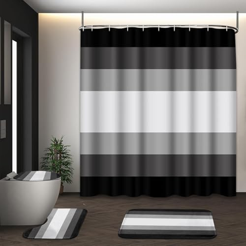 Moderno set di tende da doccia grigie e nere con tappeti antiscivolo a righe astratte decorazione bagno include copertura WC e 12 ganci per una facile installazione
