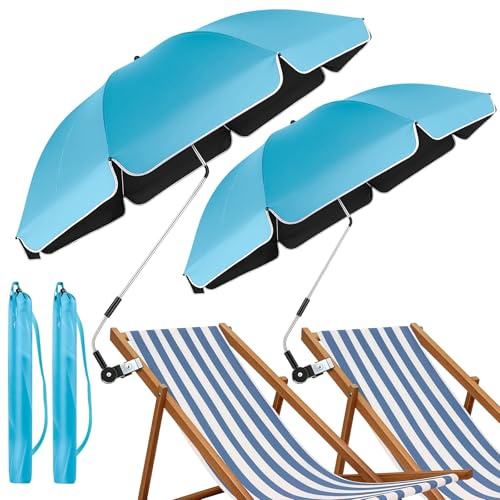 WingFly 2 Pack Beach Chair Umbrella with Clamp, UPF50+ Canopy Umbrella with clip, 360°Adjustable Portable Outdoor Wheelchair, Patio, Golf Carts,Camping(Not Include Chair) (light blue)