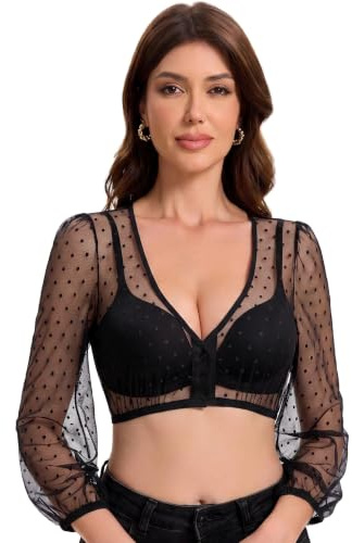 Trachtland Blouse Dirndl Femme Manches Longues Blouse Traditionnelle Oktoberfest Transparente avec Décolleté en V, Boutons et Pois Noir Taille 34-44