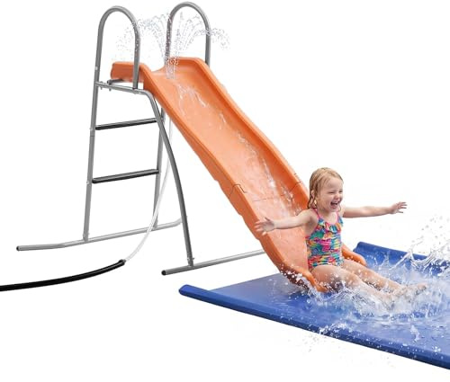 VEVOR Tobogán con Agua 165 cm, Tobogán Independiente con Lona para Suelo, Rociador Ajustable Incorporado para Grifo o Manguera, Escalera de Escalada, de Hierro y Plástico HDPE, para Piscina, Jardín