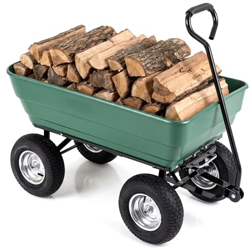 COSTWAY Carro de Jardín Basculante 125 L, Carga 410kg, Carrito Transporte con Caja Volcadora, Mango Ajustable a 120°, 4 Ruedas Grandes y Marco Metálico, Carretilla de Mano para Patios, Granjas