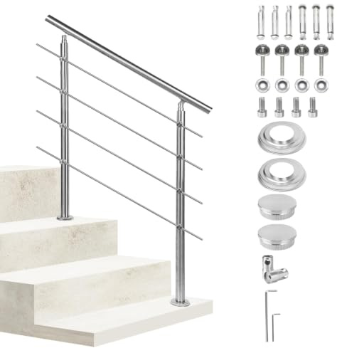 Monucep Handlauf Edelstahl 80 cm, Treppengeländer mit 4 Querstreben | Rostfrei, Wetterfest, Gebürstet, Winkelverstellbar für Innen & Außen und für Treppen, Balkon & Eingang