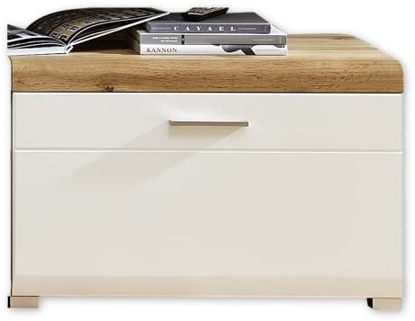 Stella Trading Fun Plus Unterteil weiss mit schönem Eiche-Dekor Oberboden - hochwertiges Low-Board für Ihr Wohnzimmer - 80 x 51 x 47 cm (B/H/T) | TV-Board Unterteil für das Wohnzimmer, eine Softclose-Schublade, viel Stauraum, chrom-matter Metallgriff