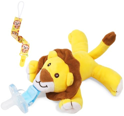 Zooawa Baby Schnuller, Lionet Schnullerhalter mit abnehmbarem Plüsch Kuscheltier Spielzeug für Kleinkinder Jungen Mädchen 3-18 Monate - Gelb + Grau