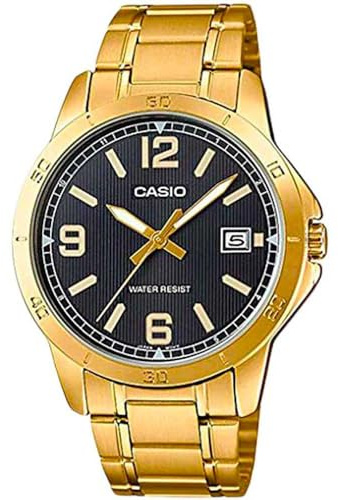 Casio Orologio da polso da uomo al quarzo classico cinturino in acciaio inox oro cassa in ottone display analogico nero - MTP-V004G-1B