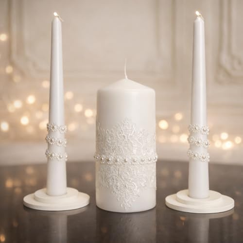 Magik Life Unity Candle Set - Wedding Ceremony & Reception – 6” Pillar & Two 10” Taper Candles – Long Burning Unity Candles for Marriage Ritual – Handmade in USA – White | Lace